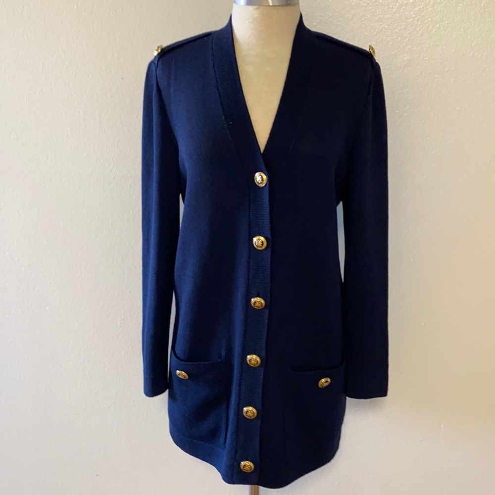 Navy Long Button Cardigan Sweater with Gold Buttons